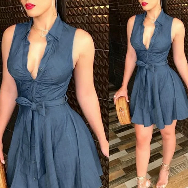 

Women's Dress Button Lapel Tie High Waist Sleeveless Sexy Big V Neck Sleeveless Club Party Denim Jeans Bandage Skinny Mini Dress