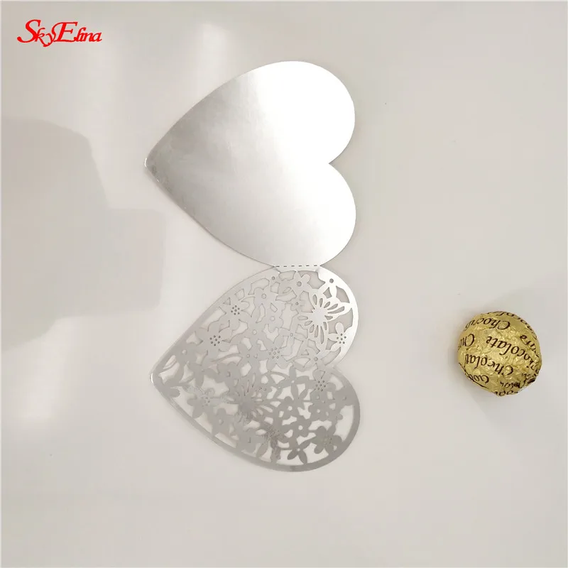 Bright Silver 10/50/100 шт. лазерная резка вина Стекло карты «любящее сердце» Форма место Бумага карточка чашка для Свадебная вечеринка украшения 5Z - Цвет: Bright Silver