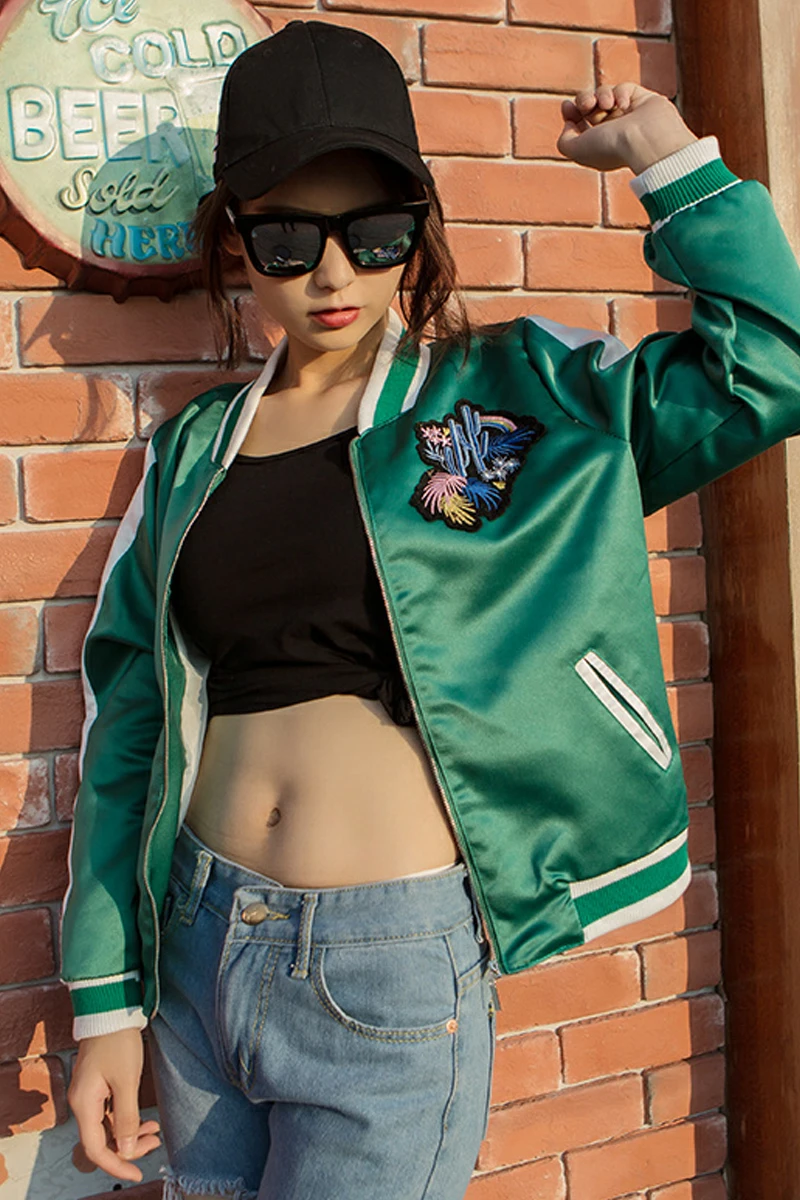 2018 весна осень Женская Повседневная бейсбольная куртка Вышивка синяя с длинным