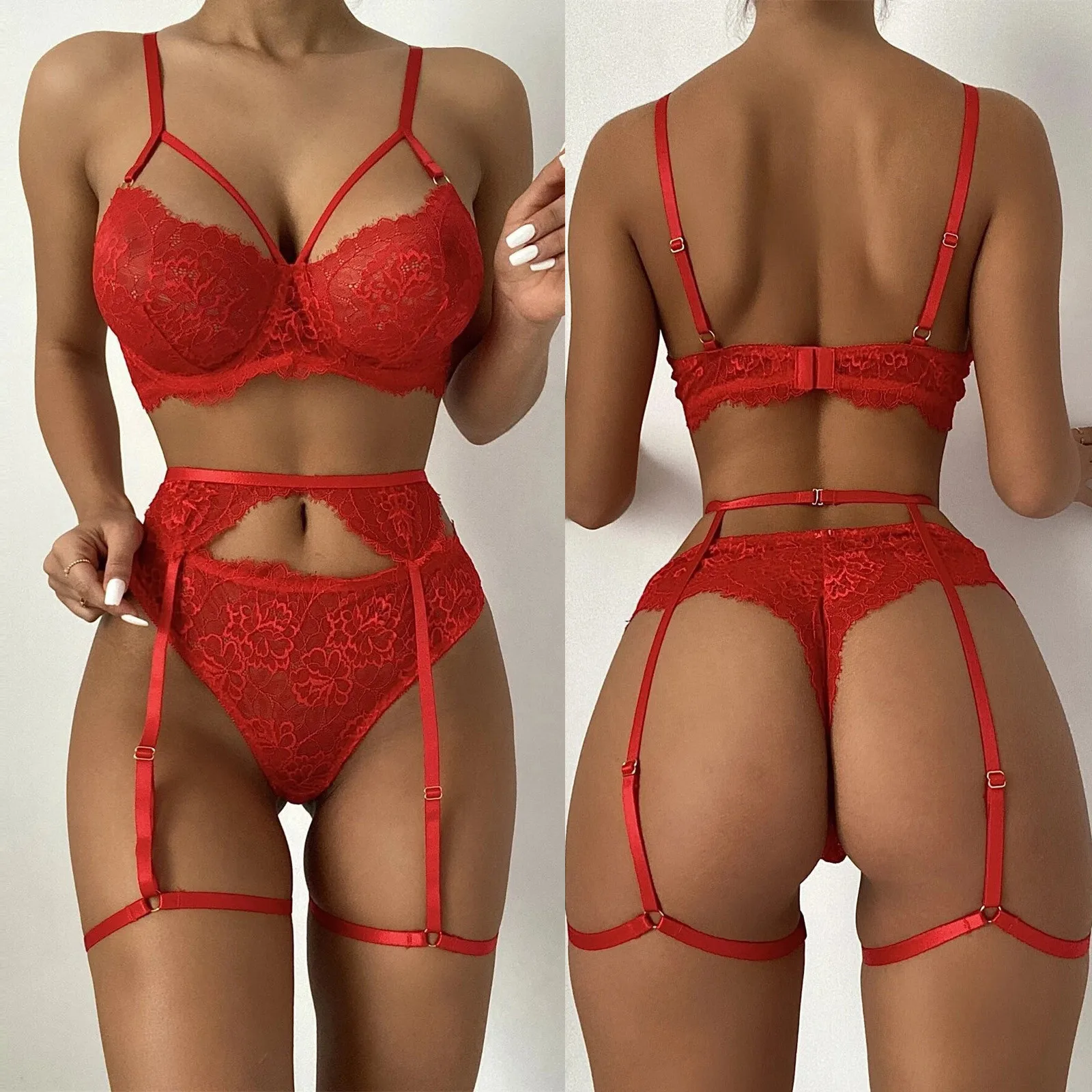 

3PC Sexy Lingerie Set Cut-out Lace Bra Thong Garter Women's Underwear Set Erotic Lingerie Sexy Costumes Lenceria Sensual Mujer