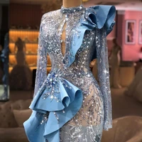 2022 sparkle mermaid evening dress ruffles sheer long sleeve prom gowns hollow out sequin customise second reception dresses