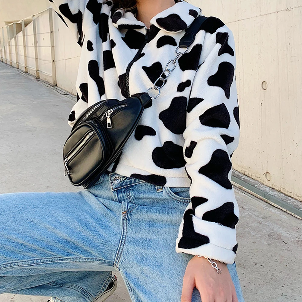 

Fashion Fur Coats For Women Cow Print Teddy Jacket Zipper Casual Warm Autumn Winter 2020 Harajuku Coat Female