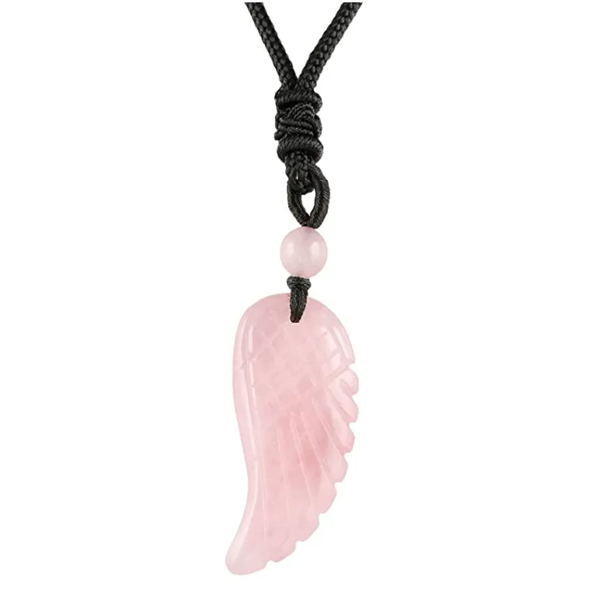 

Classic Style Handmade Weave Angel Wing Rose Pink Quartz Pendant Rope Chain Necklace Tiger Eye Stone Jewelry