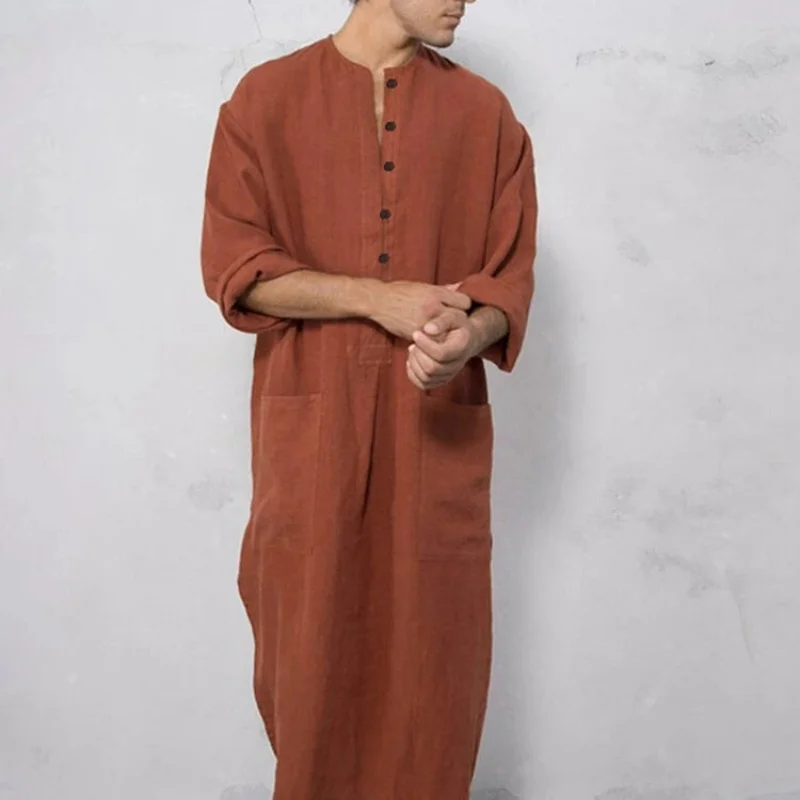 

2021 Autumn New Product Muslim Robe Southeast Asia Dubai Men's Loose Stand-up Collar Door Tube Long-sleeved Robe