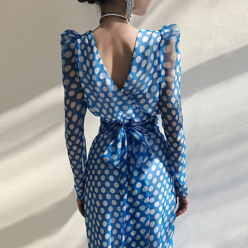 

Elegant Dot Print Long Sleeve Spring Dress Casual O Neck Chiffon A Line Women Summer Dress Vintage Party Midi Vestidos