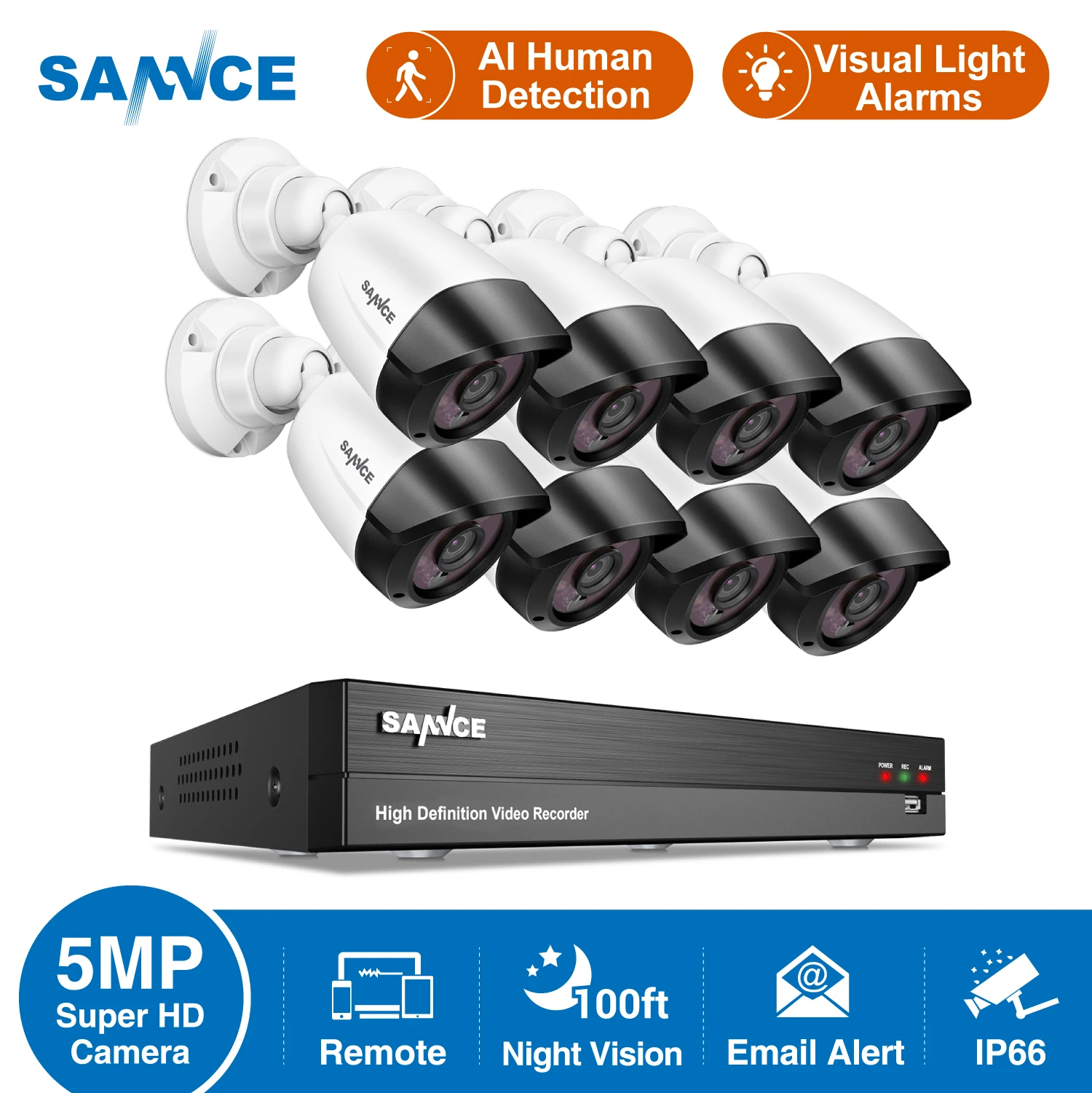 

SANNCE 8CH 5MP-N Super HD Video Surveillance System DVR With 4X 8X 5MP Bullet Outdoor Weatherproof CCTV Cameras Kit AI Detection