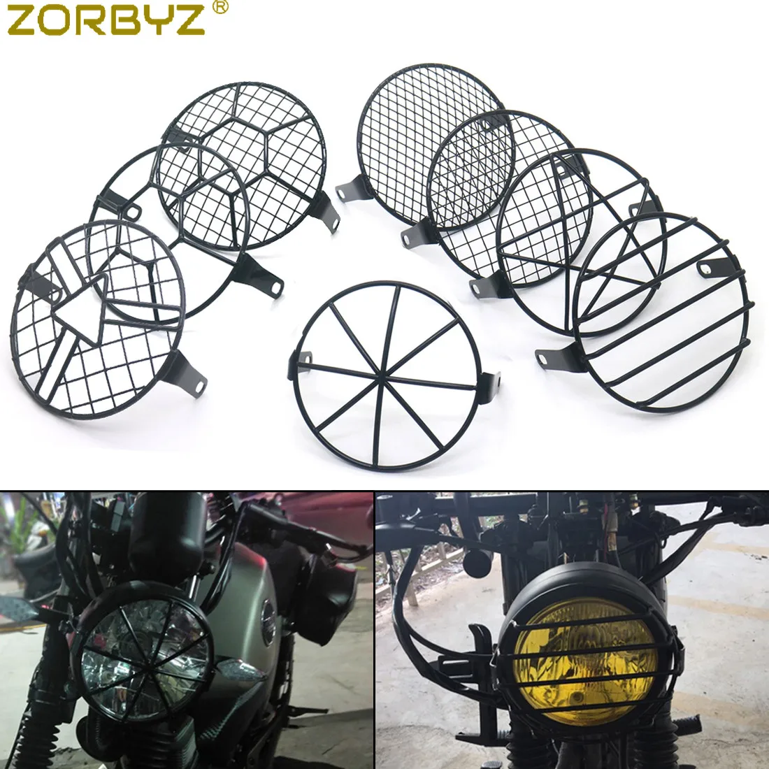 ZORBYZ 6," Ретро Винтаж мотоцикл черный Гриль боковое Крепление Фары маска для CG125 GN125 кафе гонщик на заказ