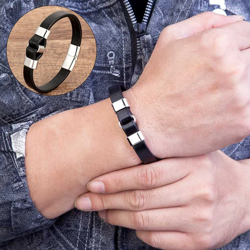 

Magnetic Clasp Vintage Bangles Charm Bracelet Black Gold Men Genuine Leather