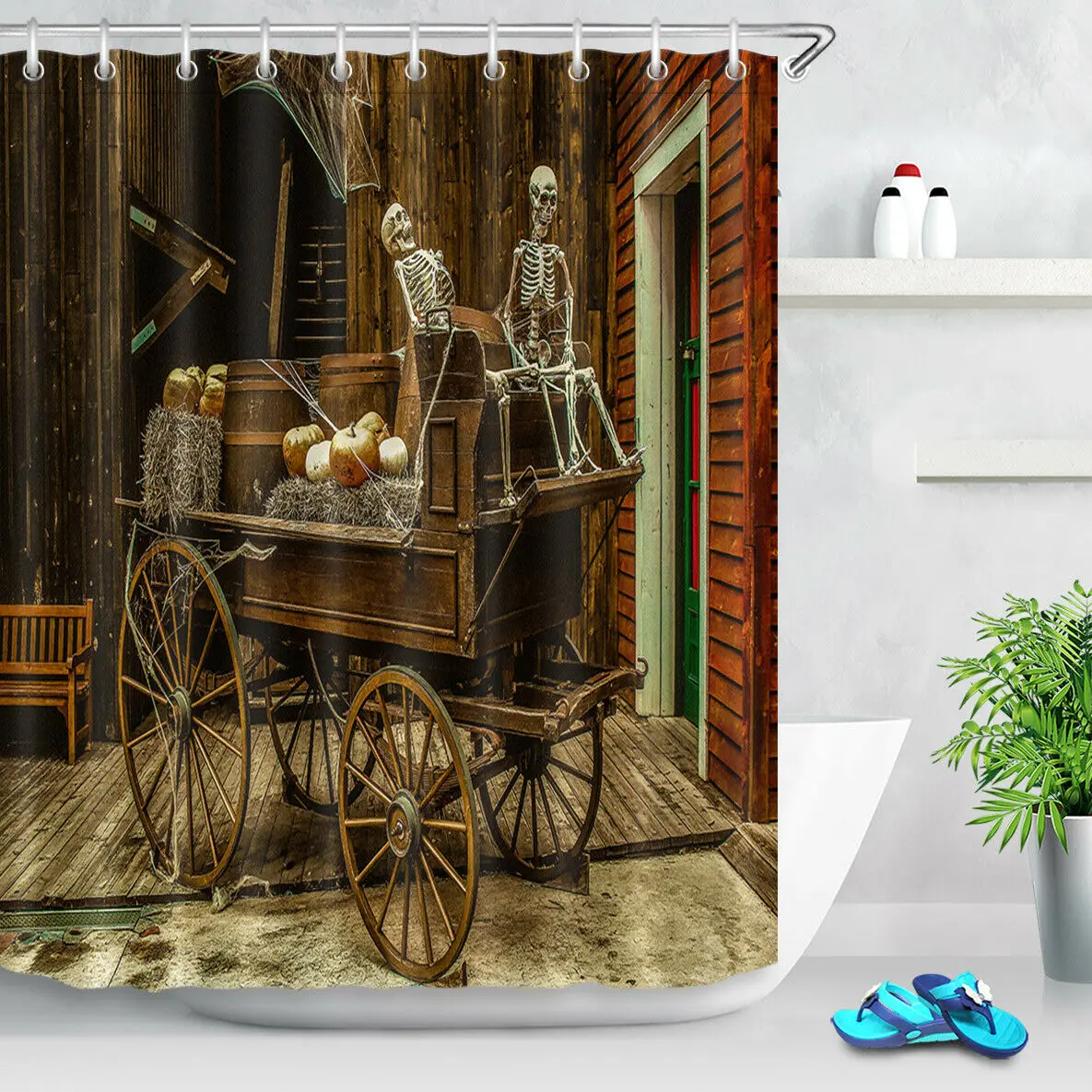 

Halloween Skeleton Carriage Shower Curtain Set Waterproof Fabric Bathroom Hooks