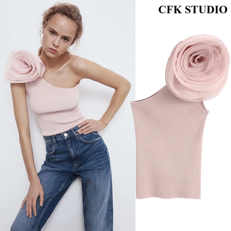 Za 1:1 женская футболка с цветочной вышивкой без рукавов элегантная однотонная