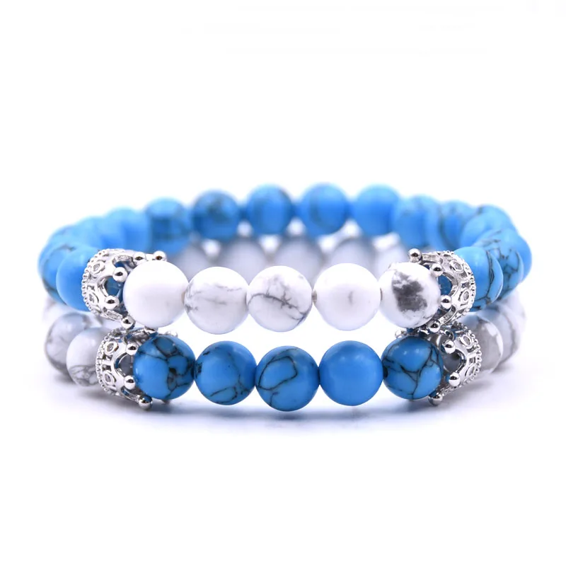 HYHONEY 2pcs/set Couple jewelry Natural stone 8mm Beads Bracelets For Women Pave CZ Crown charm Bracelet Men pulseiras | Украшения и
