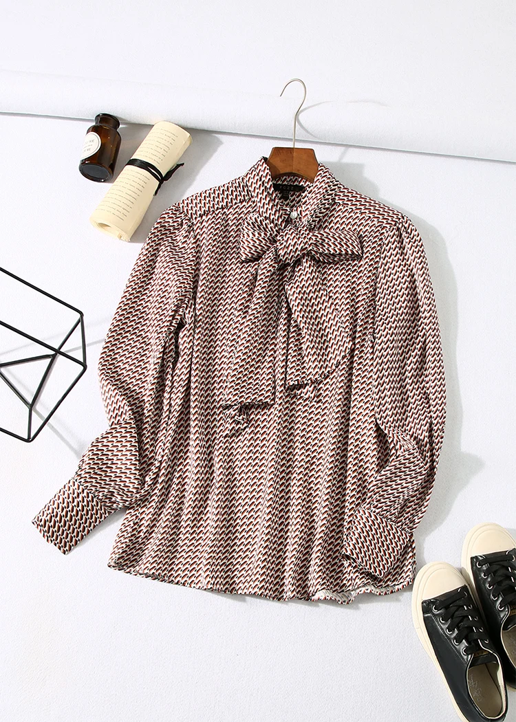 

Scarf Women Shirt Tie Print Blouse Urban Style Long Sleeve Shirt