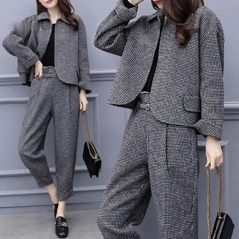 Long Sleeve Knitted pullover Sweater Houndstooth Jumper Knitted Pants Autumn/Winter Women Casual Cashmere Wool 2 Piece Set