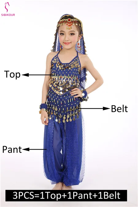 Royal Blue 3pcs Детский набор костюма для танца живота Восточные Танцевальные костюмы для девочек Египетский Болливуд индийский танец живота одежда Индия 8 цветов - Цвет: Royal Blue 3pcs