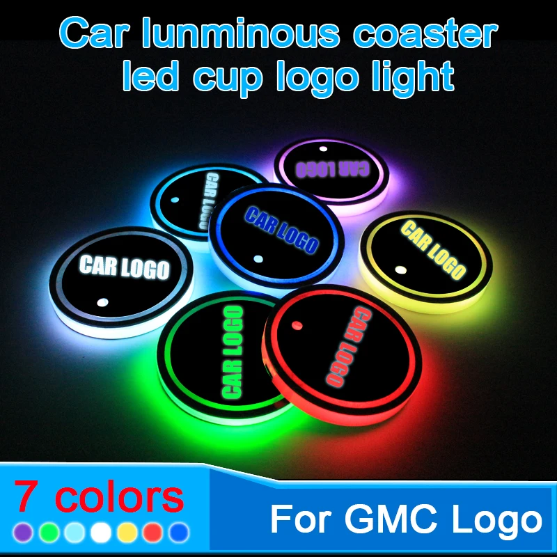 

2PCS Led Car Cup Holder Coaster For GMC logo Light For sierra yukon terrain sierra 1500 savana envoy safari Accessorie 7 colors