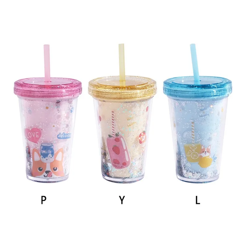 Straw Cup Plastic Food Grade Material with Glitter Powder Decorative Cute Durable Portable Double Wall Water Bottle | Дом и сад