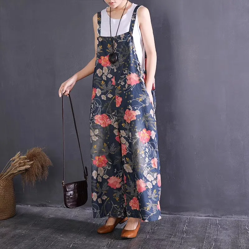 

Rompers Womens Jumpsuit Denim Jeans Casual Strap Bib Pants Floral Printed Wide Leg Pants Women