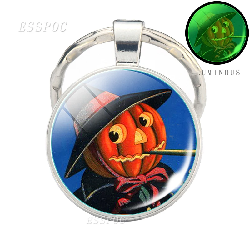 

Halloween Statement Lumious Keychain Witch Pumpkin Photo Glass Cabochon Silver Color Metal Keychain Keyrings Women Girls Gifts