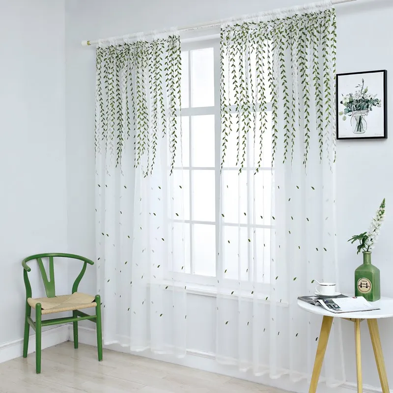 Прозрачная занавеска зеленая ивовая елка вышитая гостиная Тюль модная вуаль