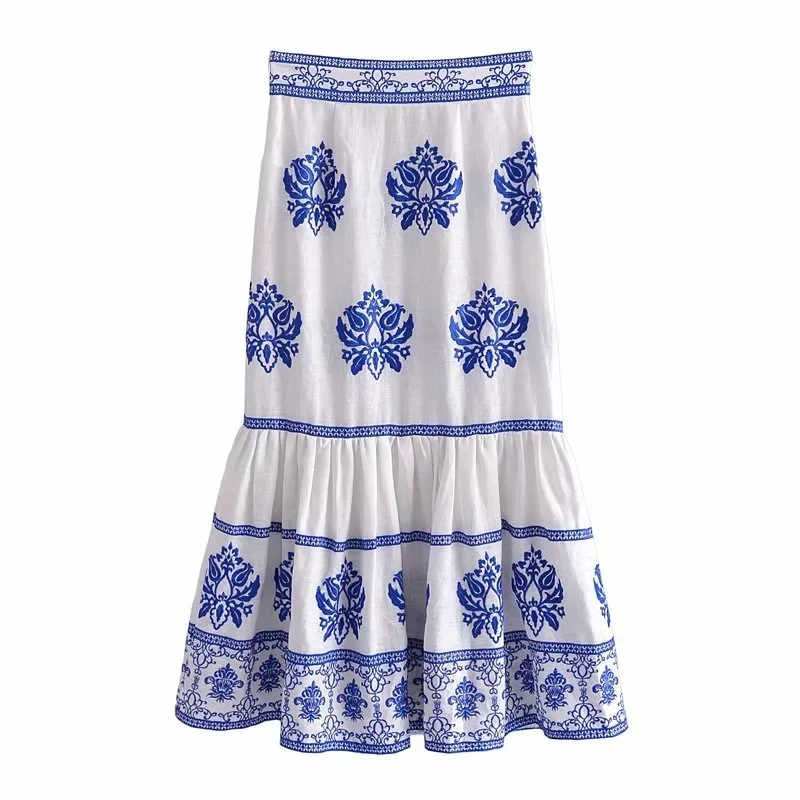 

ZA 2021 summer new women's clothing all-match European and American style elegant ethnic retro fashion embroidered midi skirt