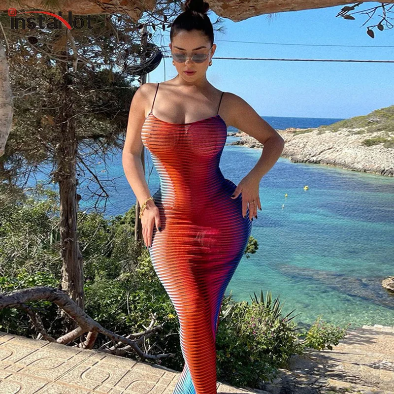

InstaHot/разноцветное Полосатое платье на бретельках, летнее облегающее повседневное сексуальное уличное платье 2021, модные обтягивающие вечер...