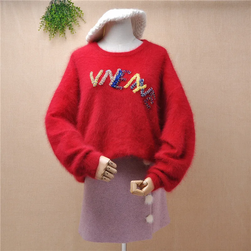 

ladies women fashion red cute sequins Letter mink cashmere christmas red long lantern sleeve angora fur pullover mink fur jumper