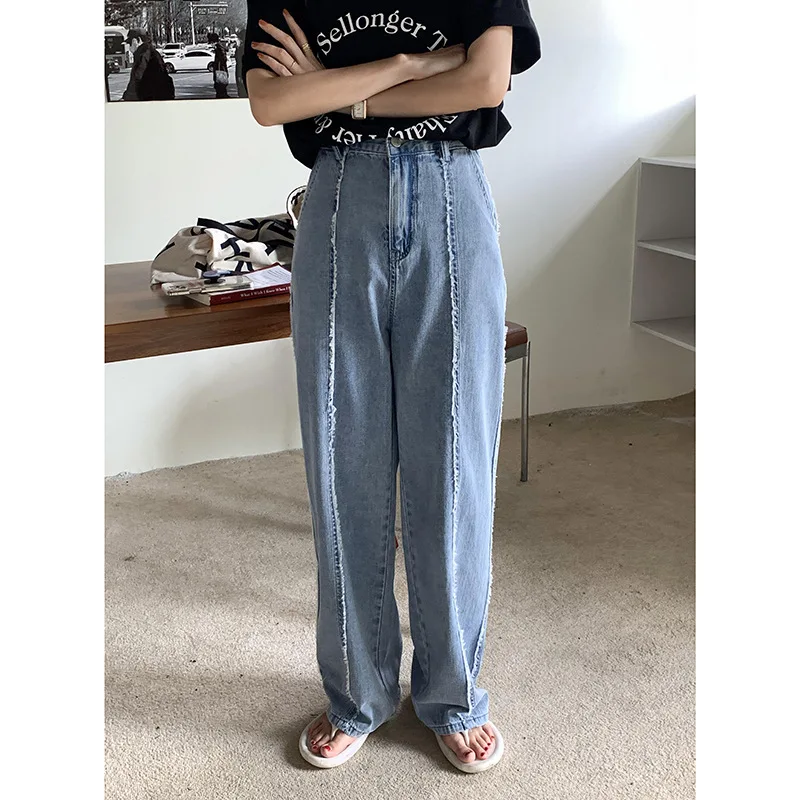 

HIGH Waist Jeans Women 2021 Summer Korean Loose Wide-legged Straight Tube Drag Denim Pants K5322