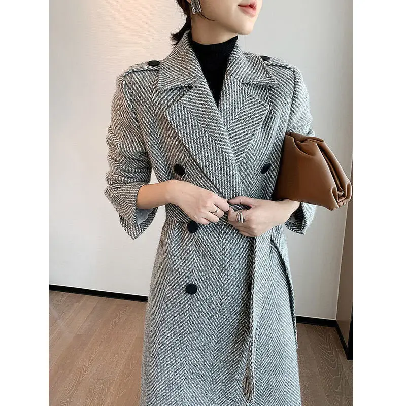 

Women Wool Coats with Belt Autumn Winter Thicken Blends Jacket Female Fashion Stripe Slim Outwear Plus Size Casual Long Coat