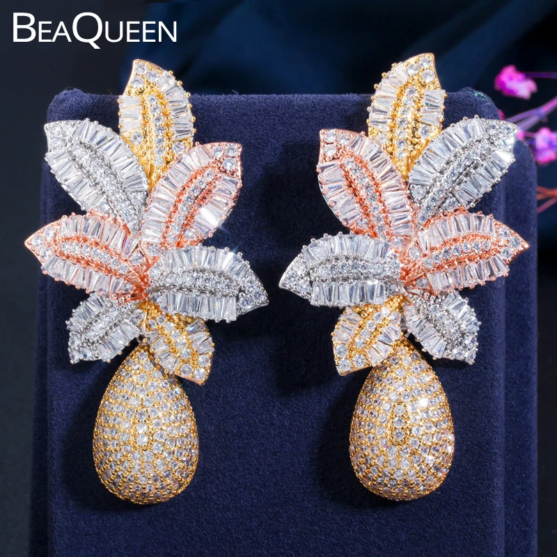 

BeaQueen Luxury Exclusive Big Leaf Drop Cubic Zirconia Paved African Multi-tone Gold Color Long Wedding Earrings for Women E348