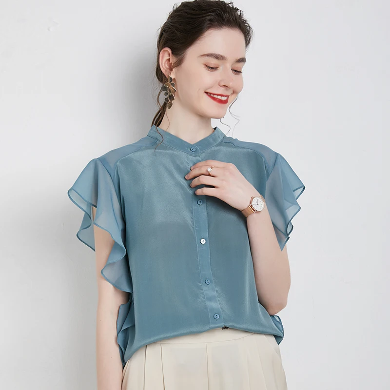 

100% Silk Women's Shirt O Neck Short Flare Sleeves Ruffles Fashion Casual Blouse Tops