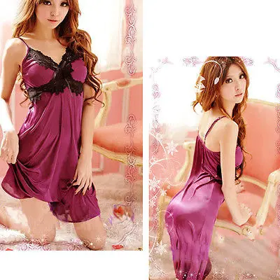 Женская сексуальная фиолетовая сатиновая кружевная одежда для сна женское белье