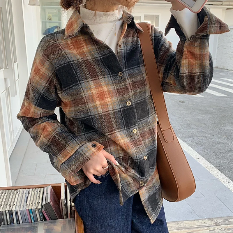 

Plaid Shirt Female Design Sense of Minority Autumn and Winter 2021 New Top Loose and Thin Casual Shirt Trend