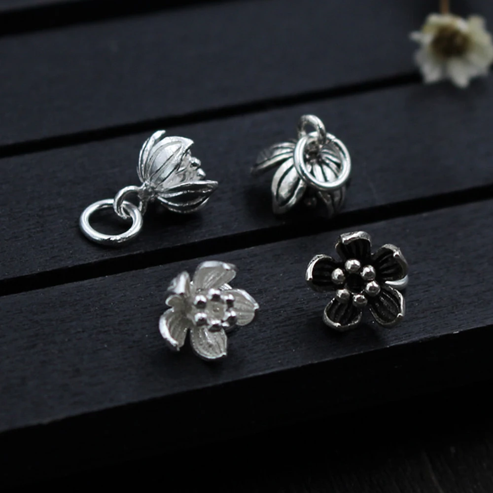 100% 925 Sterling Silver Color 9mm Retro Flower Small Pendant Fine Charm For Bracelets DIY Jewelry Making  Accessorie