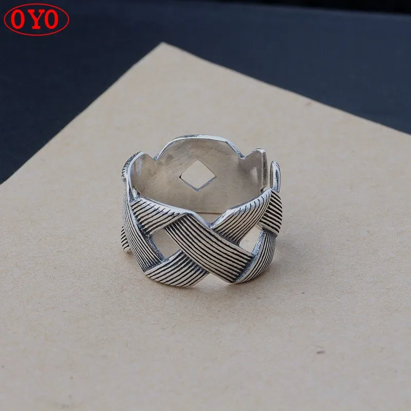Retro fashion 999 sterling silver ring female creative Dadongmen woven open ring