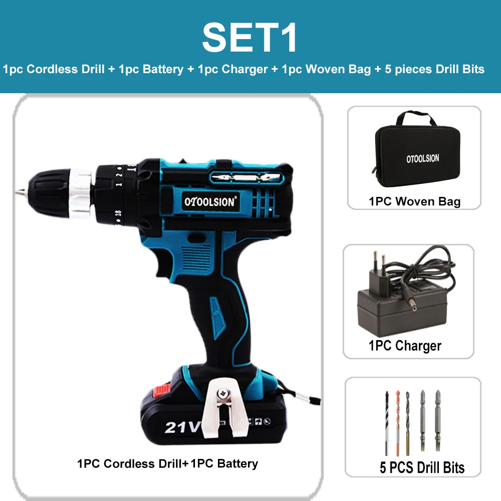 SET1 (1 pc battery) 21 в 1500 мАч Ударная дрель шуруповерт беспроводной шуруповерт беспроводные инструменты молотковая дрель электрическая батарея ударная отвертка+ Биты - Цвет: SET1 (1 pc battery)