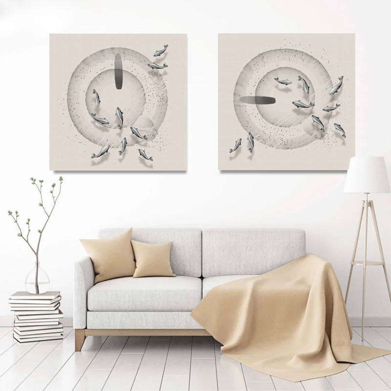 Китайские ретро абстрактные рыбы в круге масляные растения на холсте плакаты и