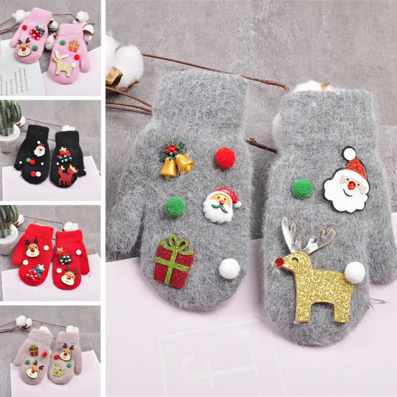 Xmas Baby Kids Goves Boys Girls Cartoon Elk Wool Plain Fleece Mittens Toddler Winter Gloves Warm Christmas New Year Gifts 3-10Y |