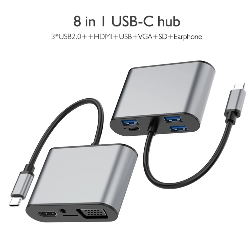 8 в 1 USB C концентратор адаптер с разъемом для чтения 3 0 и HDMI VGA Thunderbolt Type PD TF 5 мм MacBookPro