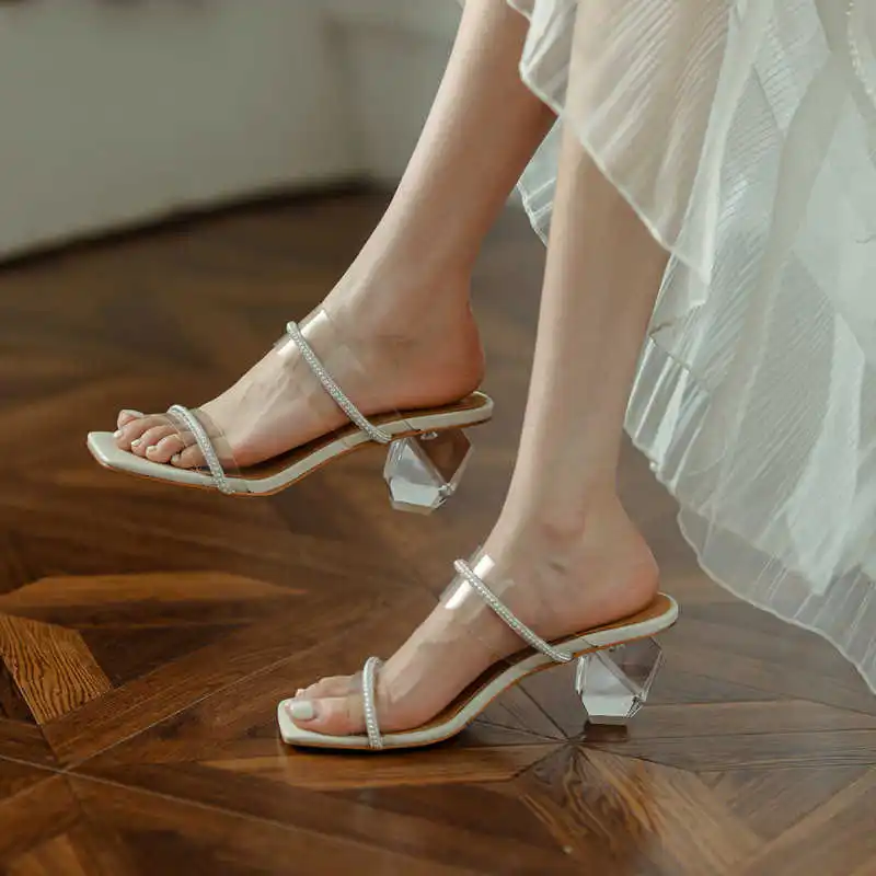 

2021 summer new thick heeled high heeled diamond sandals transparent crystal heel with profiled heel