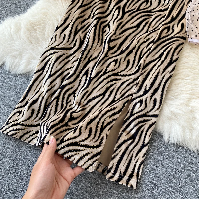 

Women Mesh Polka Dot Zebra Striped Patchwork Dress Women Elegant Khaki Long Sleeve O-Neck Vestidos Autumn Winter 2021 Fashion