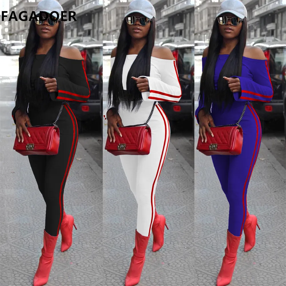 

FAGADOER Off Shoulder Fashion Two Piece Sets Stripe Long Sleeve Bodycon Tops+Leegings Pants Sexy Sportswear Suits Outfit 2021