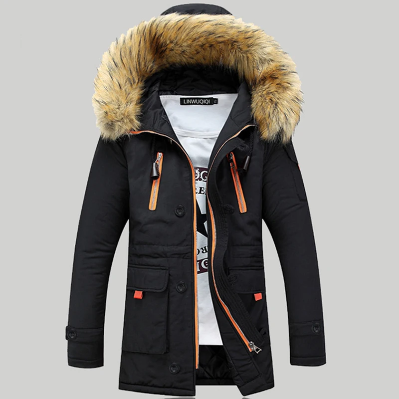 Winter Men's Jacket Plus Cotton Warm Leather Coat Casual Faux Fur Hooded Wool Mid-length Men's Jacket Windbreaker Men's Jacket