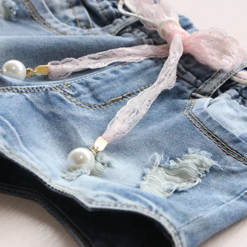 Летние шорты для маленьких девочек джинсовые штаны однотонные ленты одежда