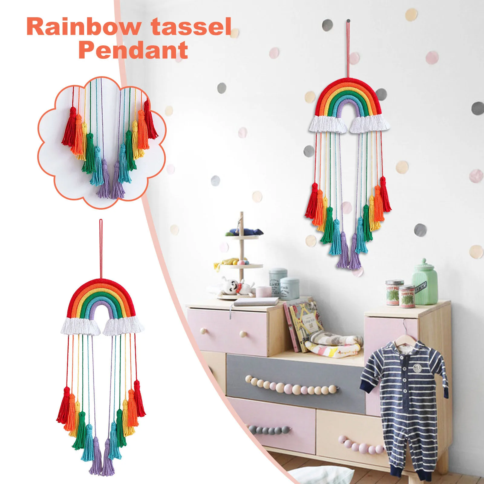

INS Style Handmade Woven Macrame Rainbow Tapestry Wall Hanging Pendant with Tassel Home Children Girl's Room Decor