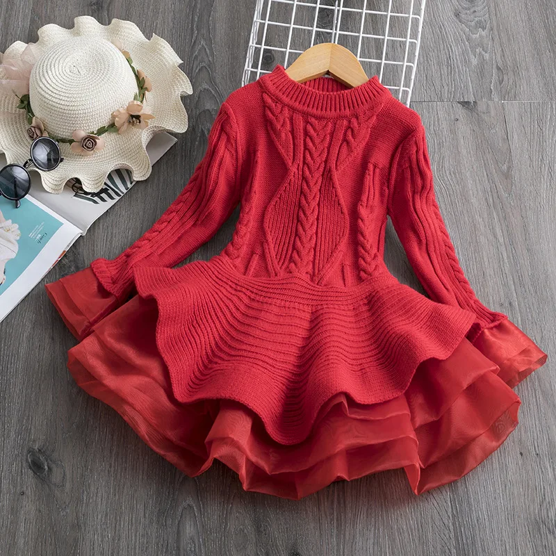 Autumn And Winter New Knitted Chiffon Girl Dress Mesh Princess Christmas Party Long Sleeved Girls Wear Year Costume | Детская одежда и