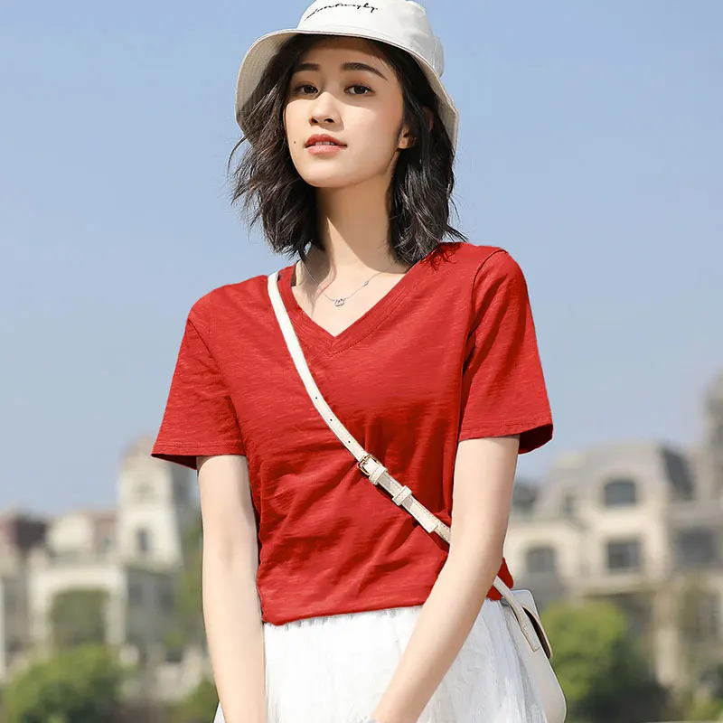 

FashionLogo Printing T Shirts Women's brown Short Sleeve Fashion 100% cotton Female red T-Shirts