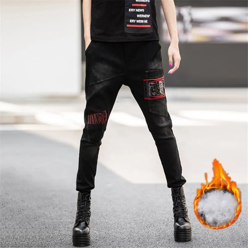 

Elastic jeans female High quality Women Cashmere Trousers Warm Pants Thick Black Winter Girls Pencil Pants Red stitching sequins