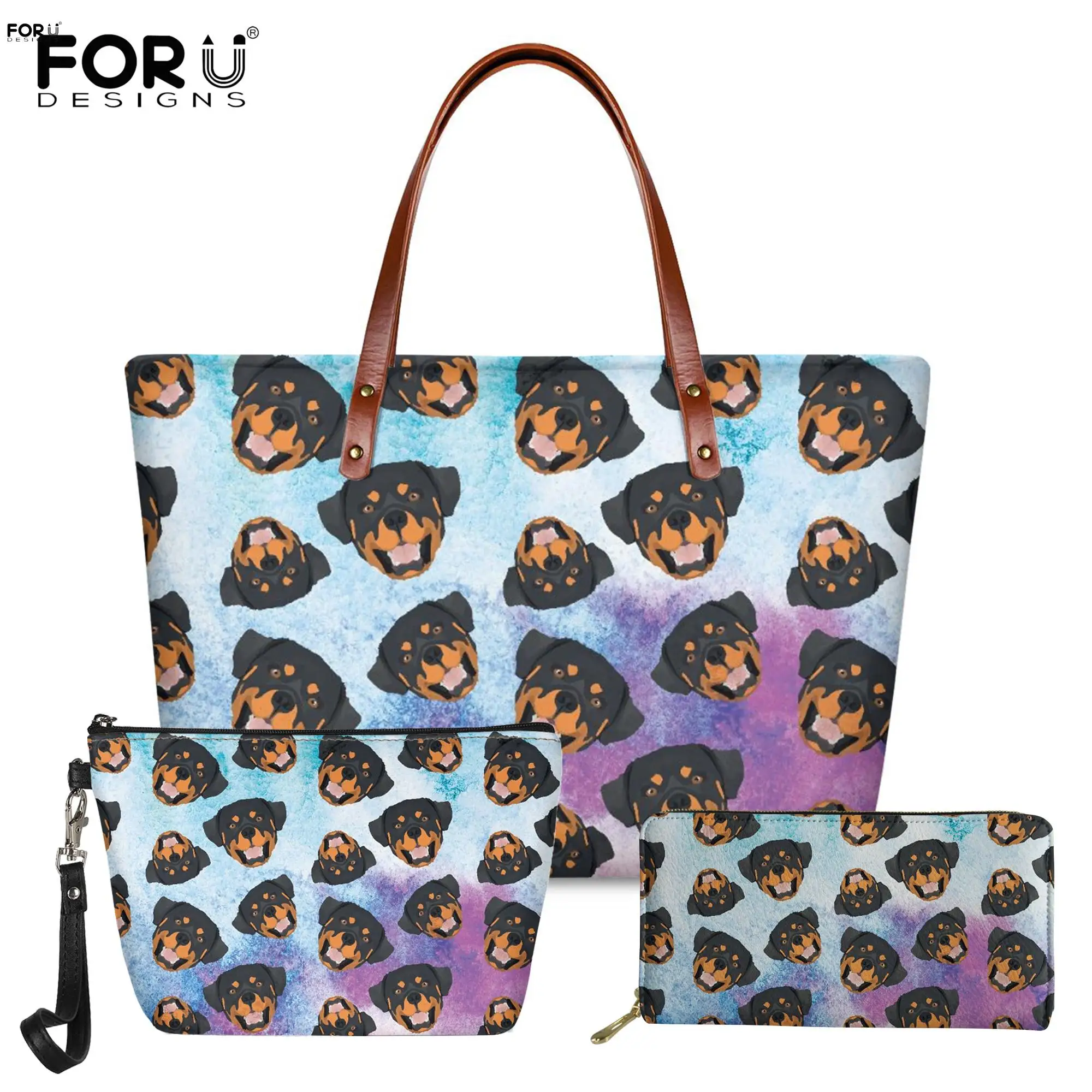

FORUDESIGNS Luxury Ladies Handbag Set Animal Dog Pattern Top-Handle Bag Travel Women Large Capacity 3Pcs Bag Fashion Tote Bag