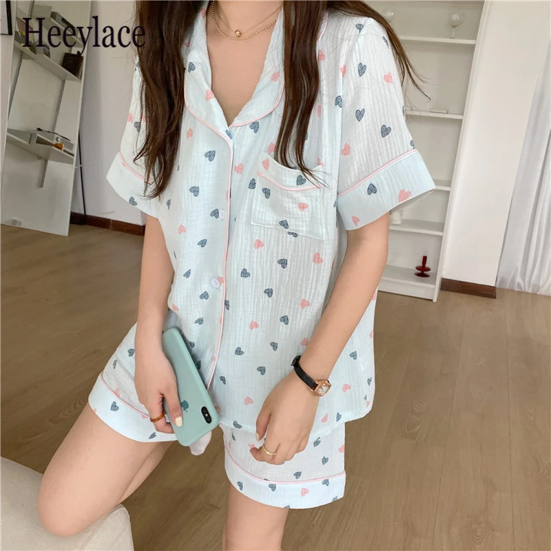 

2021 Linen Cotton Femme Chic Girls New Comfortable Sleepwear Loose Printing Hearts Homewear Two Piece Women Pajamas Sets