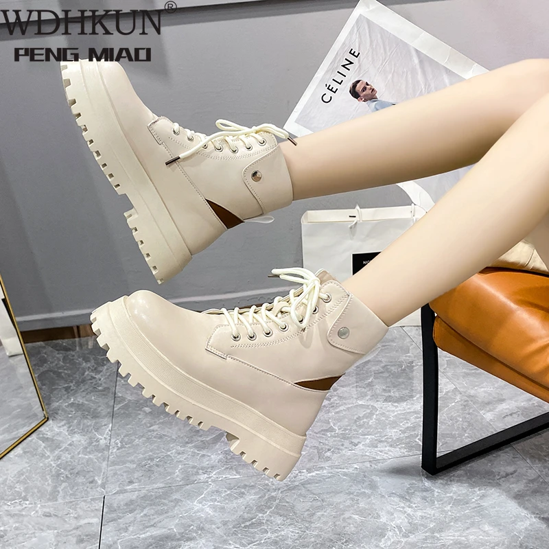

2021 Autumn Fashion Platform Boots White Lace Up Punk Ankle Boot For Women Soft Round Toe Combat Martin Black Boots Ladies Shoes